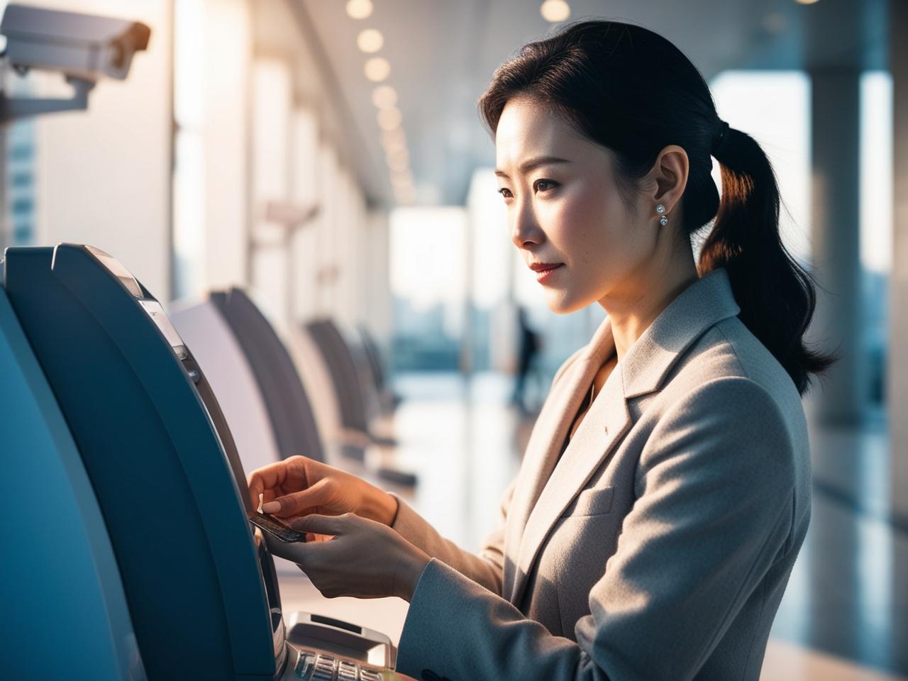 Confident Korean woman uses ATM cautiously, protecting her finances in city setting.