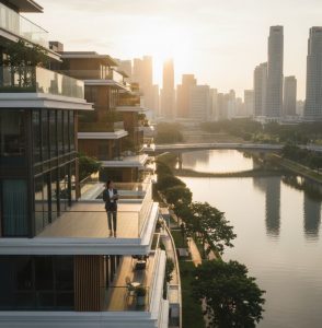A sophisticated riverfront condominium in Singapore’s District 9 featuring modern architecture, calm river views, a confident professional woman standing on a balcony at sunrise, soft natural lighting, and an elegant urban skyline.